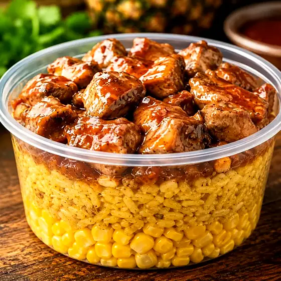 Jerk Chicken Bowl — tender jerk chicken over yellow seasoned rice with smoky jerk BBQ sauce.